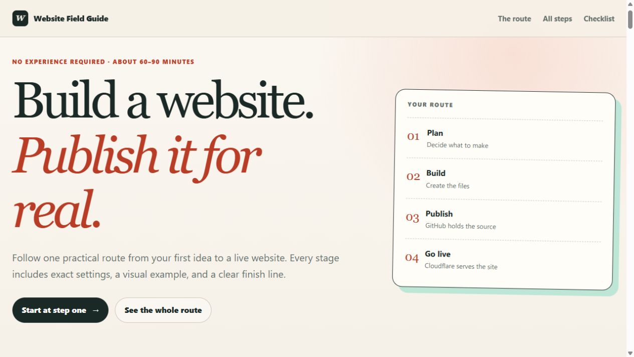 Desktop preview of the Website Field Guide showing its headline, introductory text, action buttons, and four-stage route card