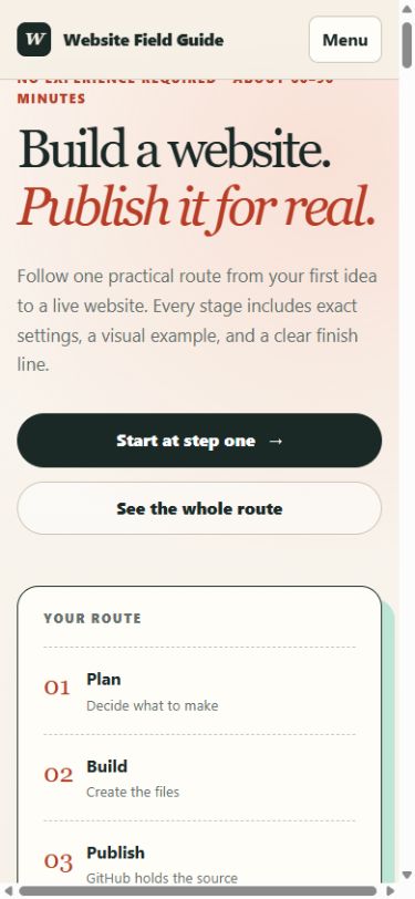 Mobile layout of the Website Field Guide with a compact menu button