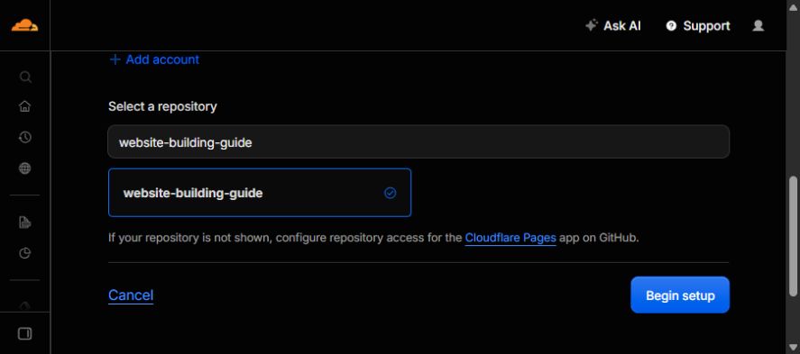 Cloudflare Pages repository selection showing website-building-guide selected and the Begin setup button