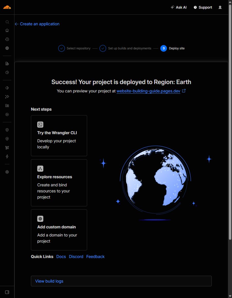 Cloudflare Pages success screen showing the website-building-guide project deployed to the global network