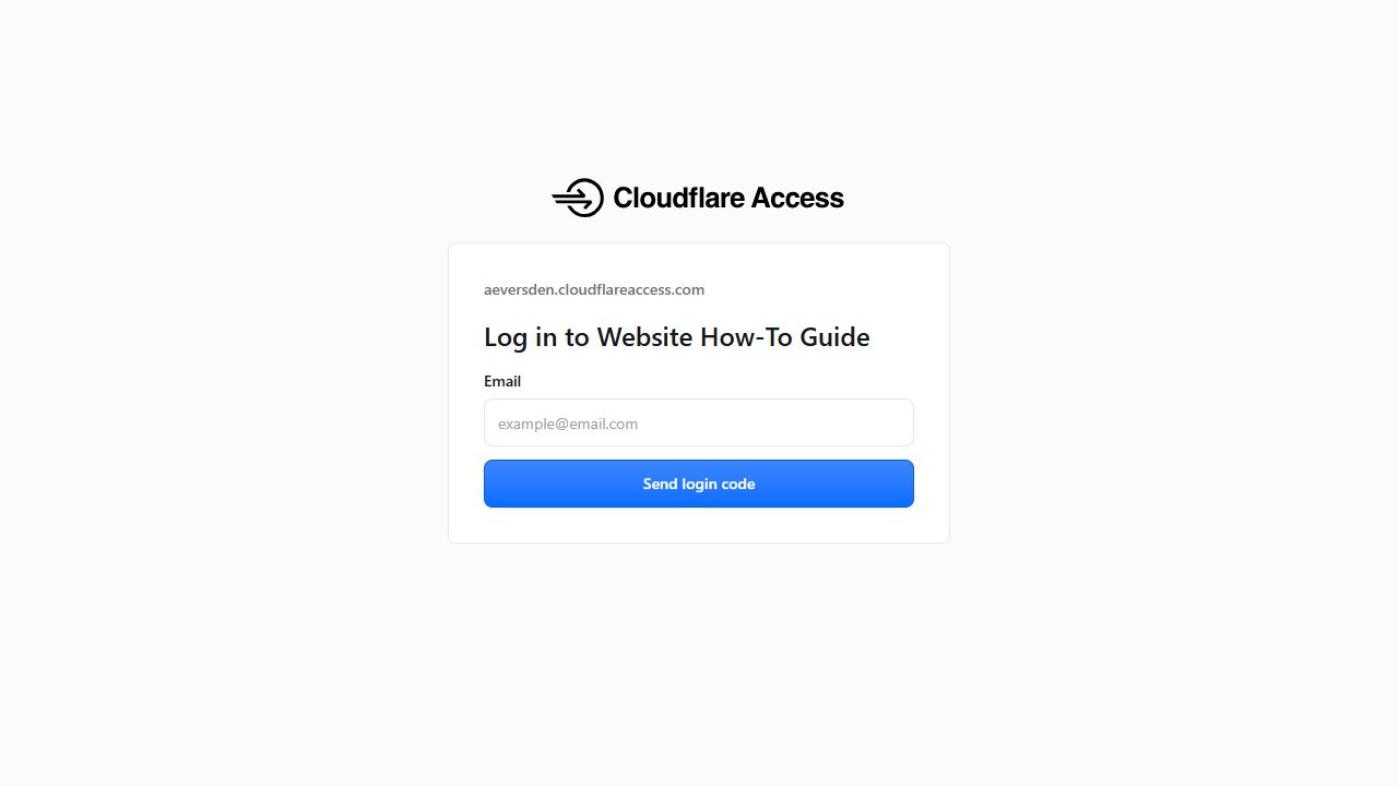 Cloudflare Access sign-in page for the Website How-To Guide with a blank email field and Send login code button